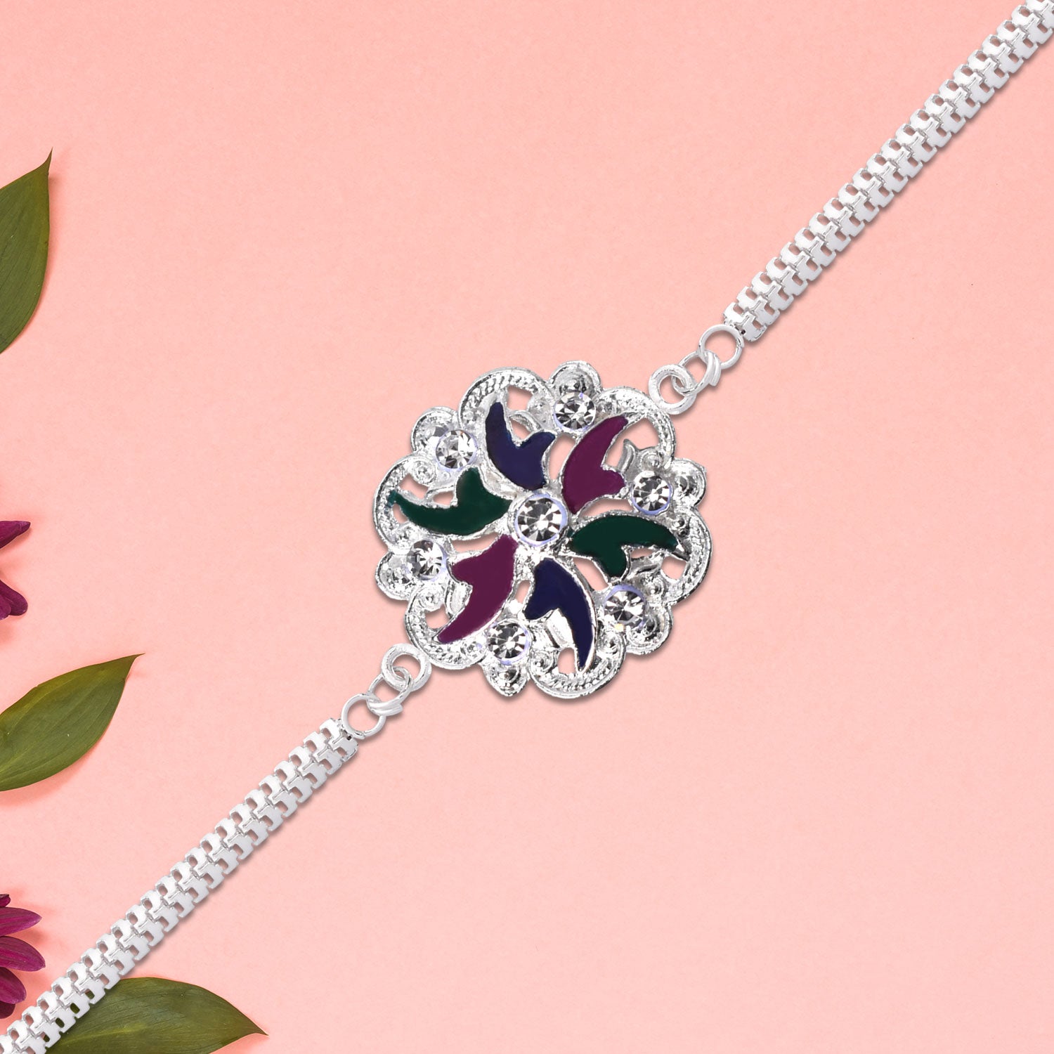 Silver Floral Rakhi With Multicolor Enamel  Chain Band Silver Floral Rakhi With Multicolor Enamel  Chain Band